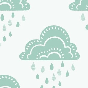 April Showers Rainy Day Clouds and Raindrops Geometric Pattern - Mint Green - Large Scale - Cute Block Print Nature Pattern for Kids and Nursery Decor