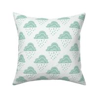 April Showers Rainy Day Clouds and Raindrops Geometric Pattern - Mint Green - Medium Scale - Cute Block Print Nature Pattern for Kids and Nursery Decor