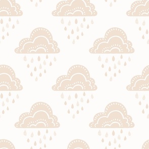 April Showers Rainy Day Clouds and Raindrops Geometric Pattern - Neutral Beige - Large Scale - Cute Block Print Nature Pattern for Kids and Nursery Decor