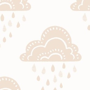 April Showers Rainy Day Clouds and Raindrops Geometric Pattern - Neutral Beige - Large Scale - Cute Block Print Nature Pattern for Kids and Nursery Decor