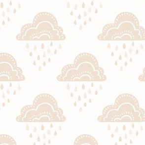 April Showers Rainy Day Clouds and Raindrops Geometric Pattern - Neutral Beige - Medium Scale - Cute Block Print Nature Pattern for Kids and Nursery Decor