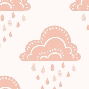 April Showers Rainy Day Clouds and Raindrops Geometric Pattern - Rose Pink - Large Scale - Cute Block Print Nature Pattern for Kids and Nursery Decor