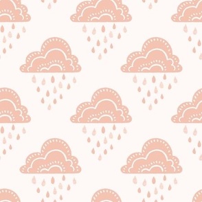 April Showers Rainy Day Clouds and Raindrops Geometric Pattern - Rose Pink - Medium Scale - Cute Block Print Nature Pattern for Kids and Nursery Decor