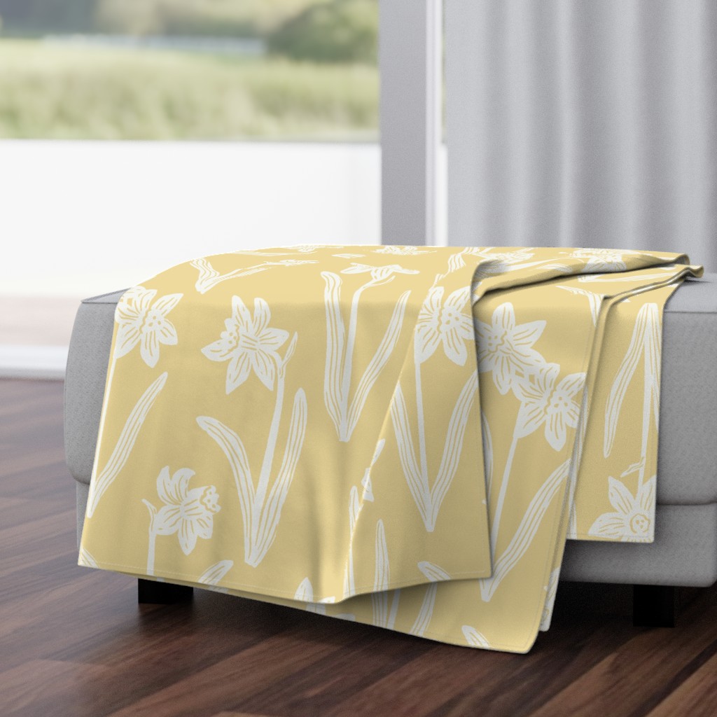 Block Print Daffodil Flowers and Leaves - Honey Yellow and Cream - Large Scale - Sophisticated Modern Floral for Bold Botanical Decor