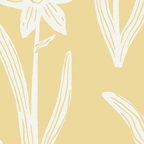 Block Print Daffodil Flowers and Leaves - Honey Yellow and Cream - Large Scale - Sophisticated Modern Floral for Bold Botanical Decor