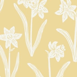 Block Print Daffodil Flowers and Leaves - Honey Yellow and Cream - Medium Scale - Sophisticated Modern Floral for Bold Botanical Decor