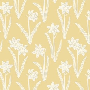 Block Print Daffodil Flowers and Leaves - Honey Yellow and Cream - Small Scale - Sophisticated Modern Floral for Bold Botanical Decor