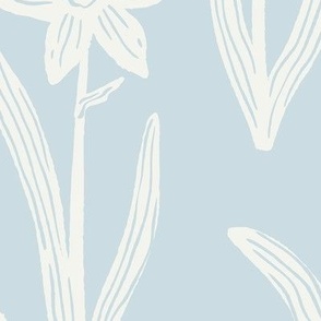 Block Print Daffodil Flowers and Leaves - Ice Blue and Cream - Large Scale - Sophisticated Modern Floral for Bold Botanical Decor
