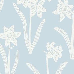 Block Print Daffodil Flowers and Leaves - Ice Blue and Cream - Medium Scale - Sophisticated Modern Floral for Bold Botanical Decor