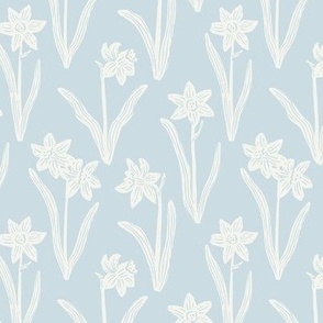 Block Print Daffodil Flowers and Leaves - Ice Blue and Cream - Small Scale - Sophisticated Modern Floral for Bold Botanical Decor