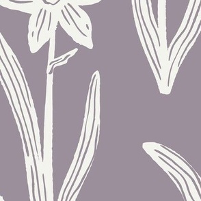 Block Print Daffodil Flowers and Leaves - Lilac Purple and Cream - Large Scale - Sophisticated Modern Floral for Bold Botanical Decor