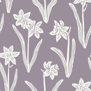 Block Print Daffodil Flowers and Leaves - Lilac Purple and Cream - Medium Scale - Sophisticated Modern Floral for Bold Botanical Decor