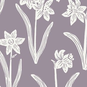 Block Print Daffodil Flowers and Leaves - Lilac Purple and Cream - Medium Scale - Sophisticated Modern Floral for Bold Botanical Decor