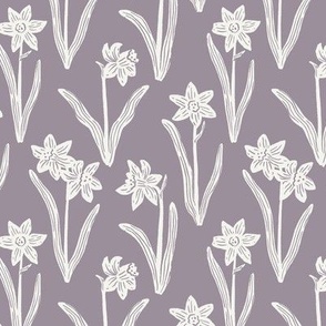 Block Print Daffodil Flowers and Leaves - Lilac Purple and Cream - Small Scale - Sophisticated Modern Floral for Bold Botanical Decor