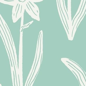Block Print Daffodil Flowers and Leaves - Mint Green and Cream - Large Scale - Sophisticated Modern Floral for Bold Botanical Decor