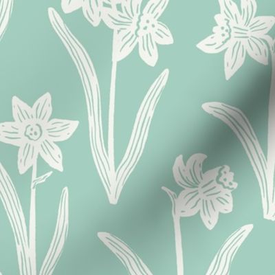 Block Print Daffodil Flowers and Leaves - Mint Green and Cream - Medium Scale - Sophisticated Modern Floral for Bold Botanical Decor