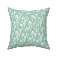 (sm) Block Print Daffodil Flowers and Leaves - Mint Green and Cream - Sophisticated Modern Floral for Bold Botanical Decor