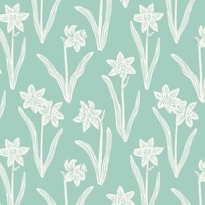 Block Print Daffodil Flowers and Leaves - Mint Green and Cream - Small Scale - Sophisticated Modern Floral for Bold Botanical Decor