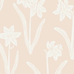 Block Print Daffodil Flowers and Leaves - Neutral Almond and Cream - Medium Scale - Sophisticated Modern Floral for Bold Botanical Decor