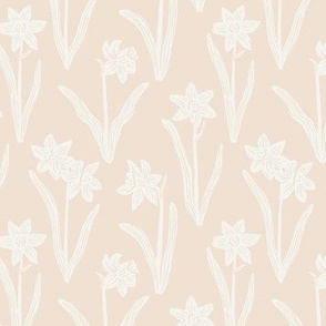 Block Print Daffodil Flowers and Leaves - Neutral Almond and Cream - Small Scale - Sophisticated Modern Floral for Bold Botanical Decor