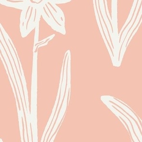 Block Print Daffodil Flowers and Leaves - Rose Pink and Cream - Large Scale - Sophisticated Modern Floral for Bold Botanical Decor