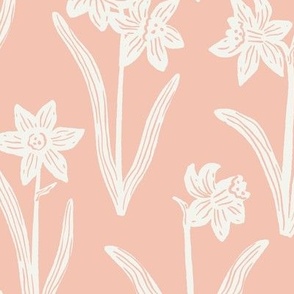 Block Print Daffodil Flowers and Leaves - Rose Pink and Cream - Medium Scale - Sophisticated Modern Floral for Bold Botanical Decor