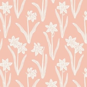 Block Print Daffodil Flowers and Leaves - Rose Pink and Cream - Small Scale - Sophisticated Modern Floral for Bold Botanical Decor