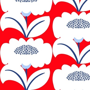 It’s Gonna Be Great Day! Fun Cheerful Big Daisy Flowers In White And Bright Red With Sky baby Blue Sunshine Retro Modern Wallpaper Style Sunny Scandi 4th Of July Summer Floral Sun Pattern