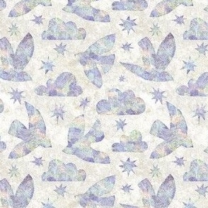 Textured Birds in Flight - ditsy Scale - Lilac Pastel Stars Clouds