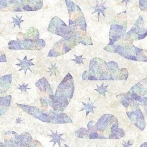 Textured Birds in Flight - Small Scale - Lilac Pastel Stars Clouds