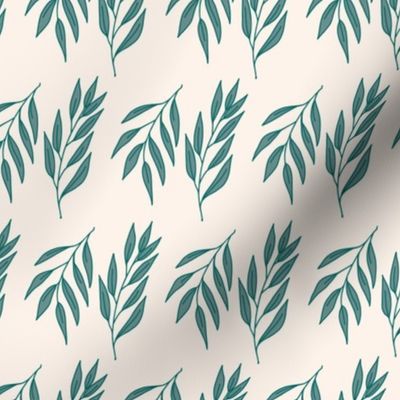 Horizontal Rows of Teal Green Willow Leaf Branches on a Beige Background