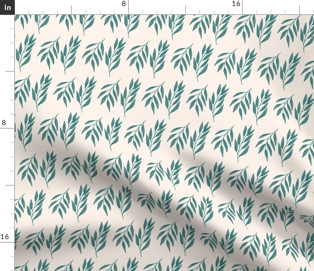 Horizontal Rows of Teal Green Willow Leaf Branches on a Beige Background