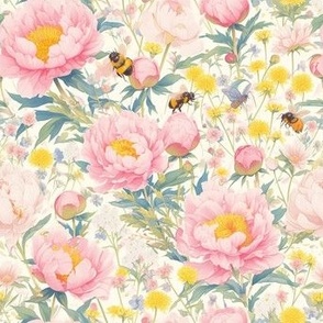 Pink Peonies and Bees Botanical Style Pattern Design for Wallpaper Fabric