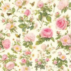 Pink Roses with Bees Botanical Garden Wallpaper Fabric Pattern Design
