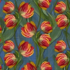 Jewel Tone Floral Design, Playful Eye Catching Floral, Vibrant Tulip Flower Wall Mural, Bold Dramatic Luxury Floral, Abstract Expressionist Red Blue Jewel Colors, Vibrant Red Yellow Cream Colorful Art, Painted Artistic Touches, Vibrant Jewel Color Floral