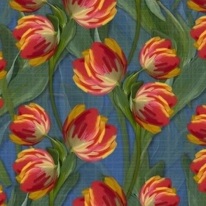 Lush Colorful Tulip Floral, Modern Painterly Design, Royal Blue Red Spring Tulip Blooms, Tranquil Floral Design, Painted Tulip Flowers, Colorful Abstract Floral Artwork, Statement Tulip Flower Pattern, Sweet Happy Aesthetic of Royal Blue and Red Tulips