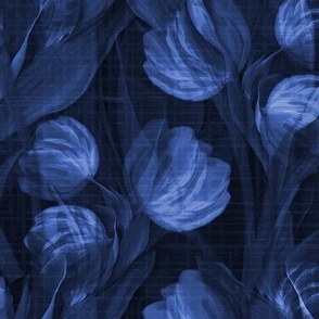 Lush Electric Midnight Blue Vibrant Tulips Design, Fine Art Foliage Print, Vibrant Blue Tulip Field, Whimsical Modern Floral Design, Dramatic Floral Narrative, Modern Botanical Illustration, Blooming Dusk Night Time Spring Meadow, Tranquil Calming Blue 