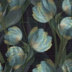 Tulip Flowers, Multi Tonal Floral Tulips Stems, Botanical Language of Flowers, Vibrant Flowing Tulip Petals, Lush Green Blue Foliage, Abstract Tulip Flowers, Spring Flower Stems, Botanical Tulip Illustration, Flower Petals Tulip Bouquet, Blue Green Flower