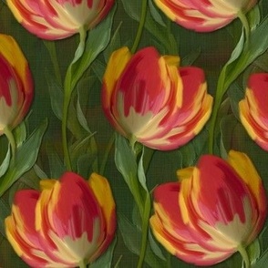 Vibrant Multicolor Tulip Flowers, Lush Foliage Spring Flowers, Modern Painterly Tulip Design, Whimsical Tulip Cottage Floral, Farmhouse Countryside Blooms, Vibrant Floral Kitchen, Décor, Botanical Spring Flower Illustration Red Yellow Orange Tulip Bouquet