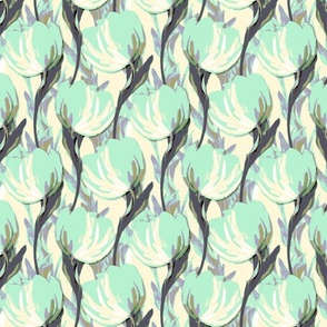 Idyllic Mint Green, Tulips Dancing Tapestry, Cottagecore Floral Blooms, Imaginative Garden Blooms, Spring Heritage Cottage Floral, Scenic Meadow Artistic Blooms, Decorative Tulip Petals, Unique Vibrant Nature Peaceful GardenFloral Fine Art Painted Tulips