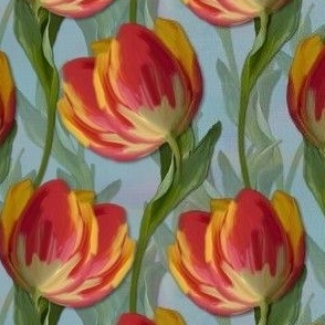 Colorful Garden Lush Ruby Red Painted Flowers, Textured Tulip Bouquet, Joyful Blooms, Peaceful Painterly Tulips, Sweet Floral Art, Modern Tulip Garden, Relaxing Blooms, Vibrant Floral Art, Whimsical Tulip Design, Bright Floral Art, Contemporary Sky Blue