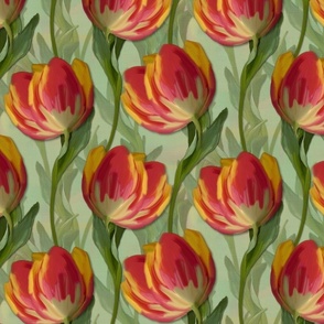 Dreamy Multicolor Tulip Fields, Idyllic Painterly Brushstrokes Artistic Landscape, Whimsical Spring Garden Design, Majestic Tulip Botanical Spring Meadowscape, Modern Botanical Print, Abstract Expressionist Tulips, Floral Explosion in Apple Green Scarlet