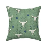 MEDIUM Cow Skull in green and blue, on woven, texture hessian