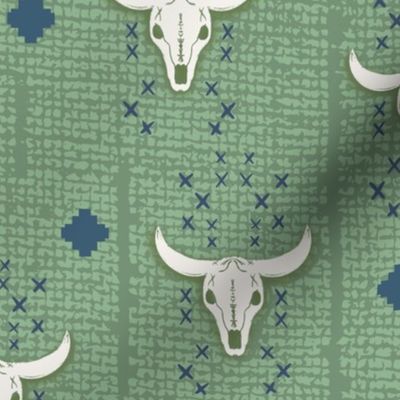 MEDIUM Cow Skull in green and blue, on woven, texture hessian