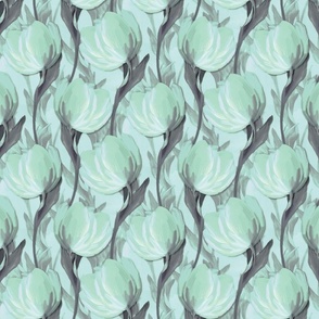 Springtime Tulip Garden Painterly Artwork, Floral Table Linen Design, Playful Mint Blue Green Botanical Blooms, Bold Floral Motif, Calming Nature Decor, Exquisite Tulip Art, Floral Springtime Kitchen Table Linen, Tranquil Home Decor, Whimsical Spring Brus