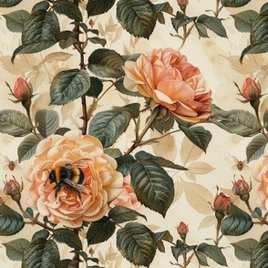 Pink Roses with Bees Natures Garden Design Wallpaper Fabric Pattern