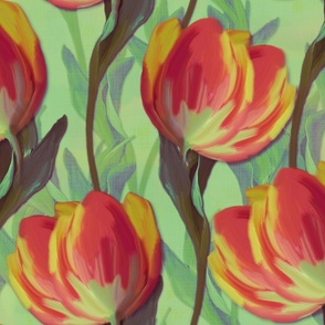 Bright Red Yellow Orange Tulip Bouquet, Vibrant Botanical Language of Flowers Wallpaper Pattern, Dancing Tulips Floral Illustration, Painted Brushstroke Flowers, Spring Bloom Design, Modern Floral Stems, Blooming Tulip Petals, Maximalist Cottage Chic
