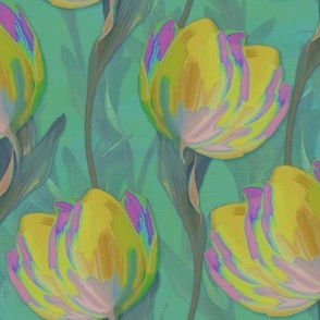 Vibrant Tulip Blooms, Lush Green Foliage, Multicolor Floral Design, Spring Garden Theme, Whimsical Flowerscape, Modern Botanical Art, Idyllic Tulip Field, Cottagecore Floral Pattern, Jade Green, Lemon Yellow