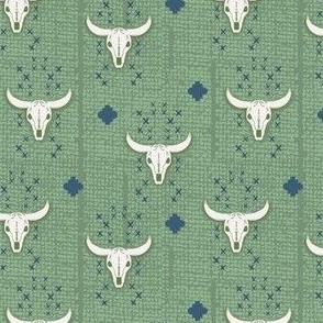 SMALL Cow Skull in green and blue, on woven, texture hessian