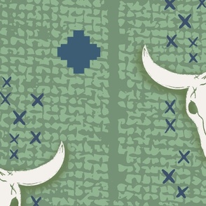 LARGE Cow Skull in green and blue, on texture hessian, weave